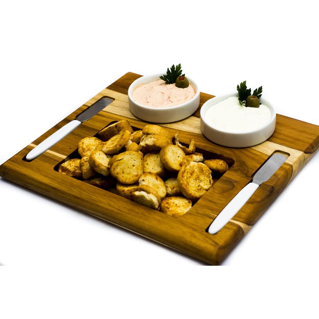 Conjunto Premium Para Patê Com Louças E Espátulas em Madeira Teca