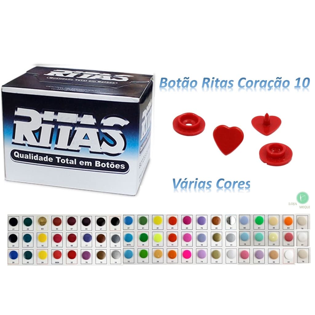 Botão Ritas 10 Coração - Pacote com 10 conjuntos - Várias Cores - Botão de Pressão 10mm
