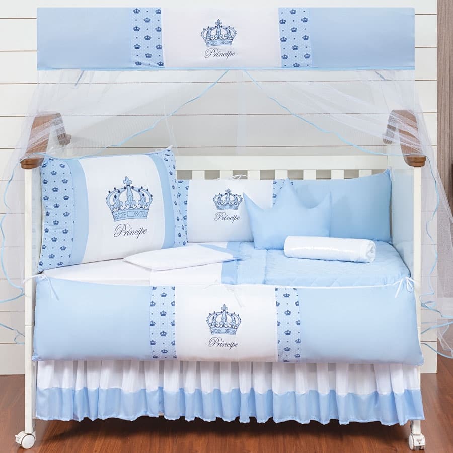 Kit Berço Coroa Principe Azul Claro Menino Original Qualidade 11 Peças Completo Com Lençol e Saia Box
