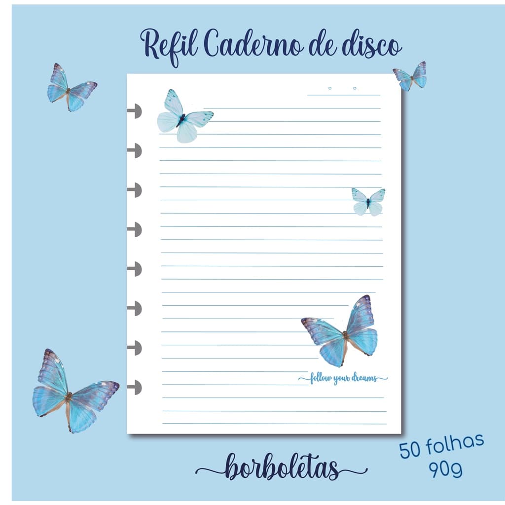 Refil Caderno Disco Inteligente A5 8 Furos kawaii Borboleta Azul