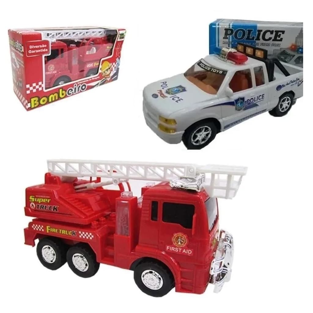 Kit 2 Carro Bombeiro Policia Pick-up Bate E Volta C/som Luz