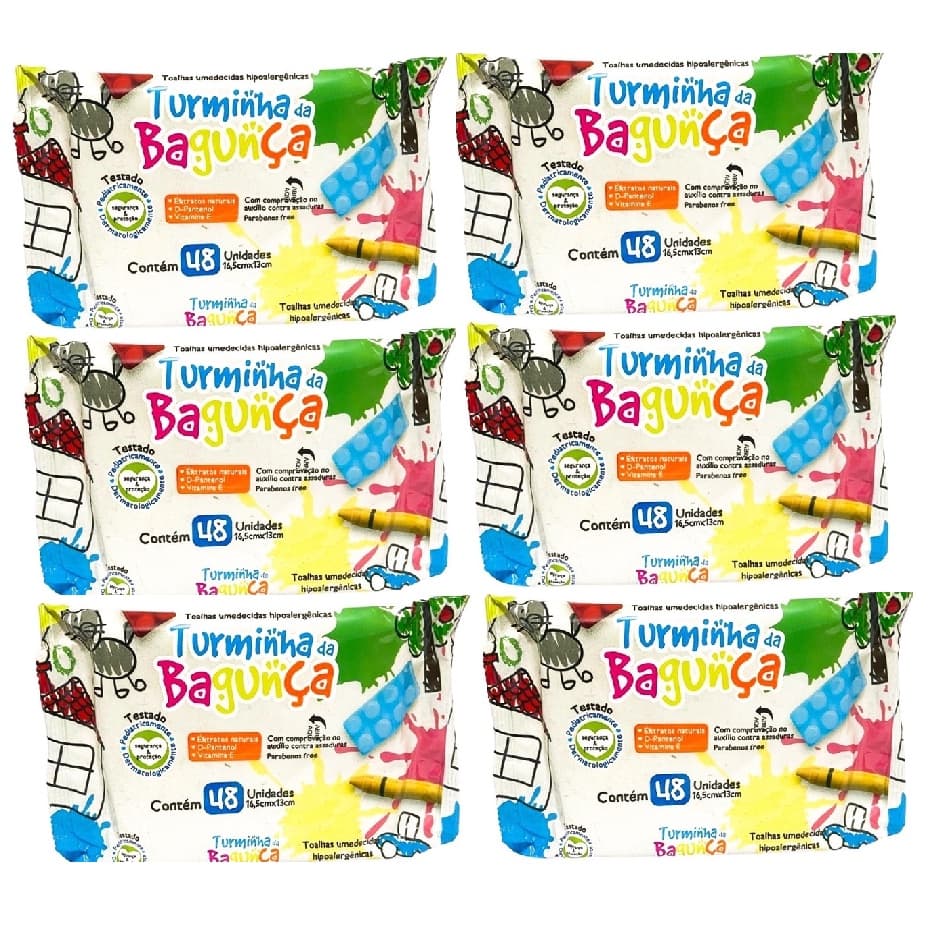 Kit com 6 - Lenço Umedecido Turminha da Bagunça Toalha Umedecida 48 Unidades