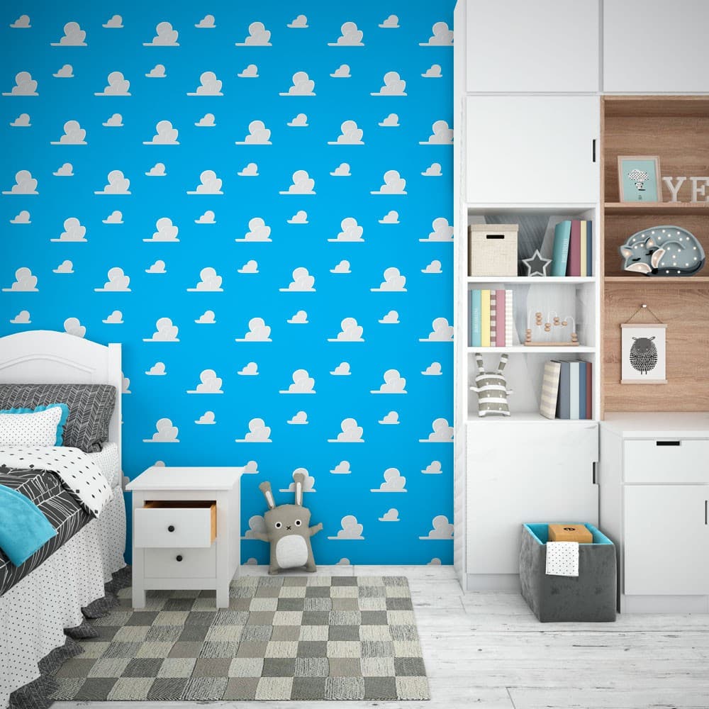 Papel de Parede Auto Adesivo Lavável Nuvem Toy Story para Quarto Sala Brinquedoteca Escritório