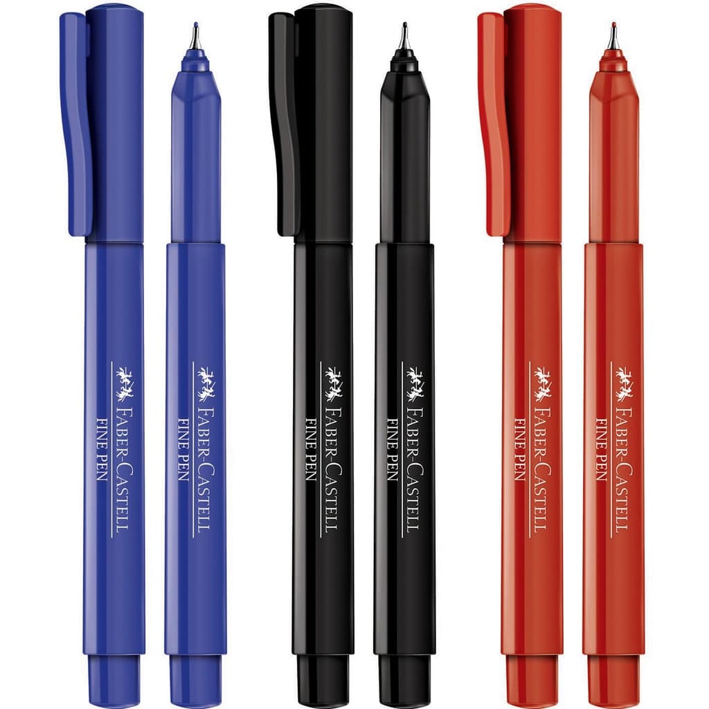 Kit C/4 Caneta Fine Pen Preta/Azul/Vermelho 0,4mm Ponta Fina Faber Castell
