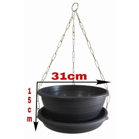 2 vasos  plantas suspensas, pretos 31cm,6,6 L, com pratos e correntes grossas aço 60cm