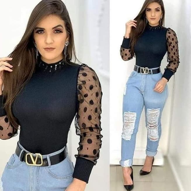 Blusa manga longa de tule princesa bufante poa tendência feminina