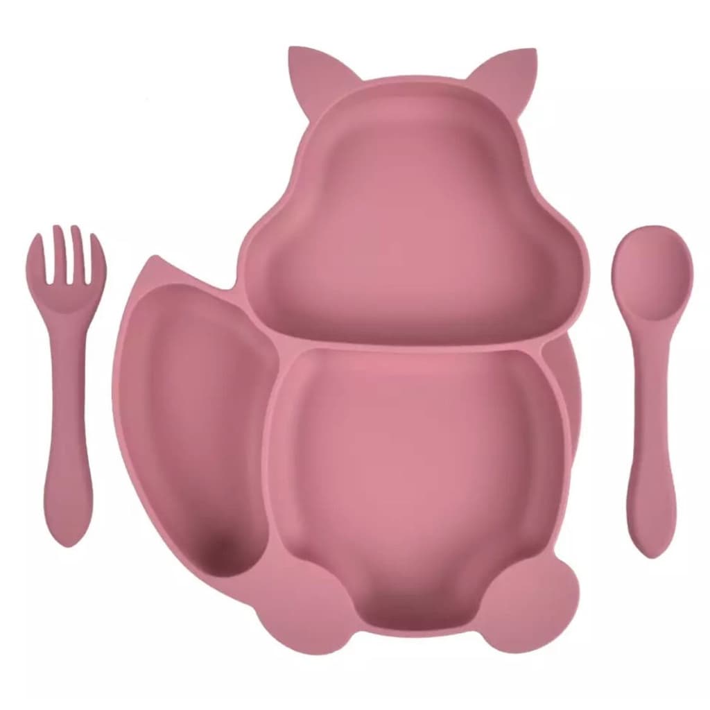 Pratinho de silicone e talheres motivo Esquilo com ventosa - BLW - Introdução alimentar - Livre de BPA