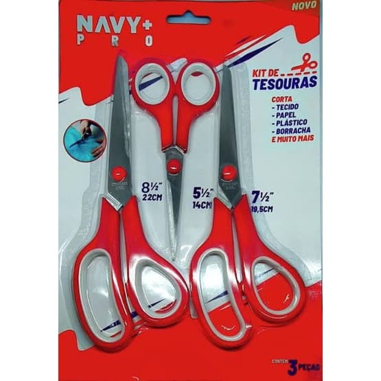 Kit 3 Tesouras Inox 1ªLinha Navy+Pró