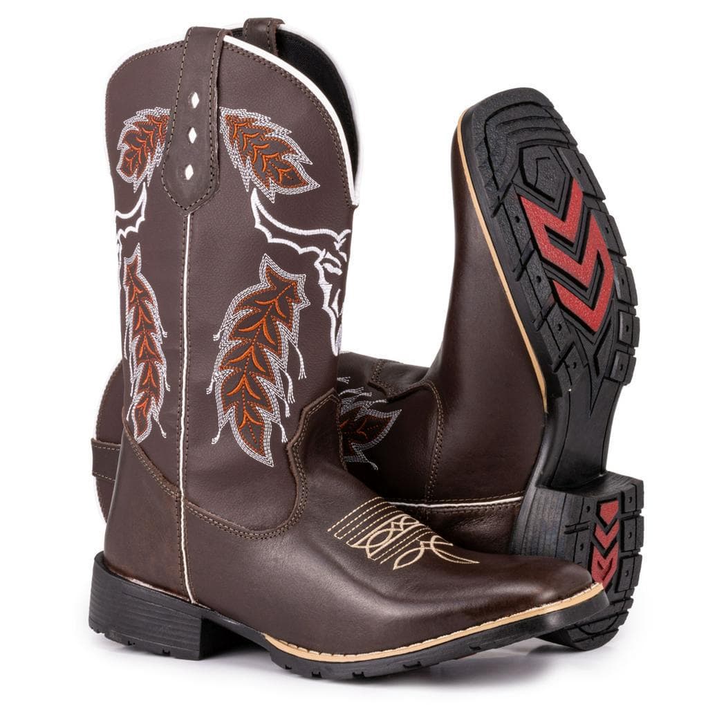 Bota Texana Masculina Country Bico Quadrado Bordada Cara de Boi Café