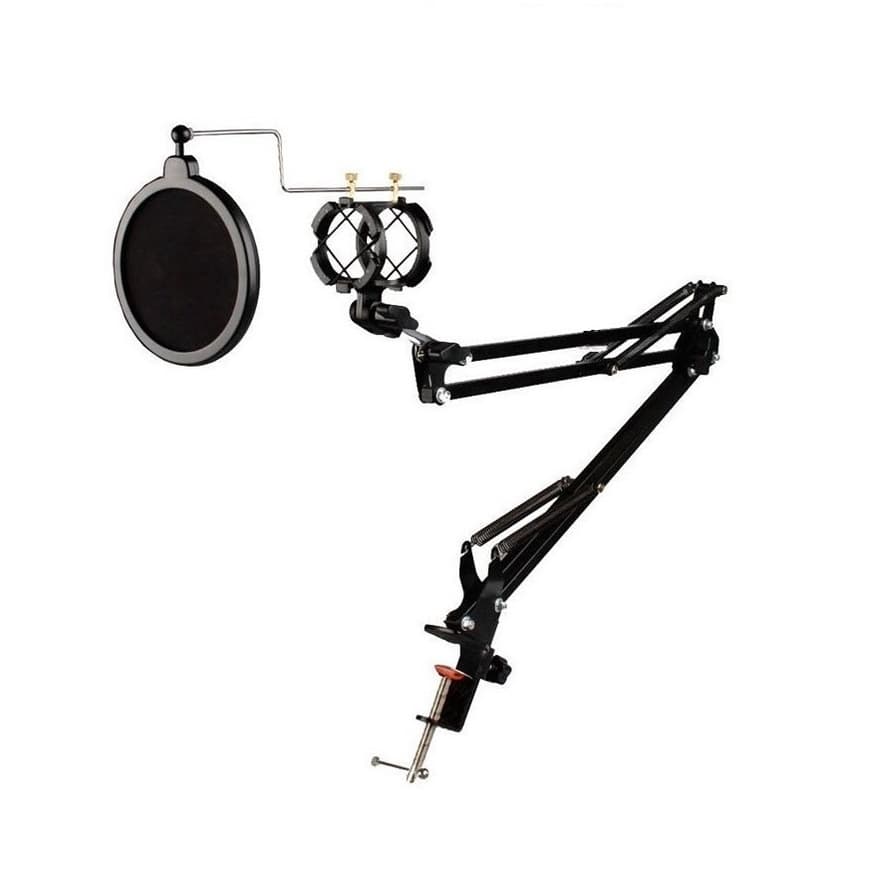Kit Haste, Pedestal Articulado, Braco Flexivel p/ Microfone Dinamico c/Pop Filter, Aranha Shock Mount, Aco