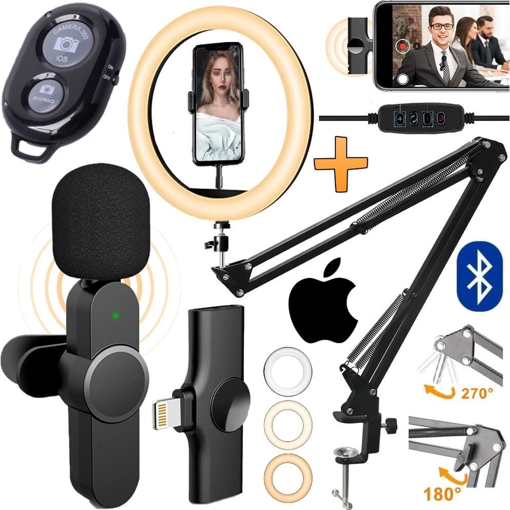 Iluminador Led Ring Light Suporte Braço Articulado de Mesa + Microfone Lapela Sem Fio iPhone Gravação Vídeo BHK