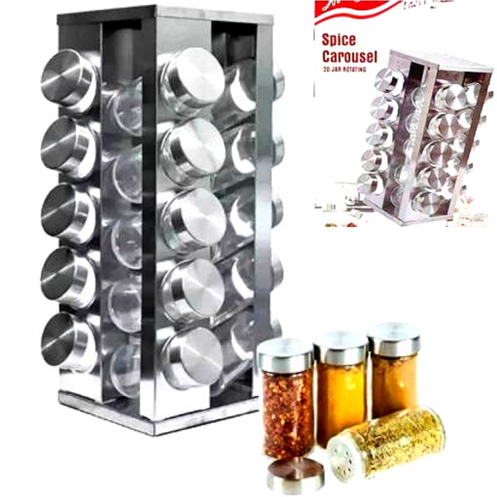Porta Tempero E Condimentos Inox 20 Potes INOX Suporte Giratório