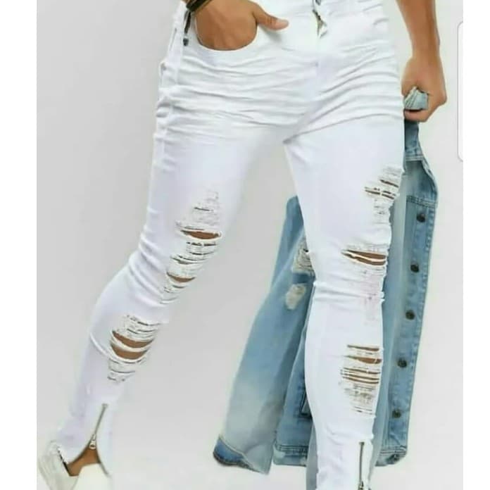 Calça Branca Masculina Skinny Jeans Rasgada Com Zíper