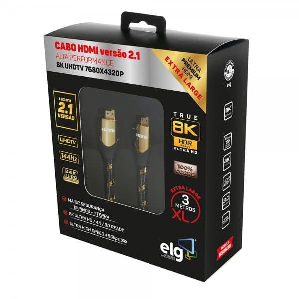 Cabo HDMI 2.1v 8K Ultra High Speed com Ethernet 3 metros HS8K30 ELG