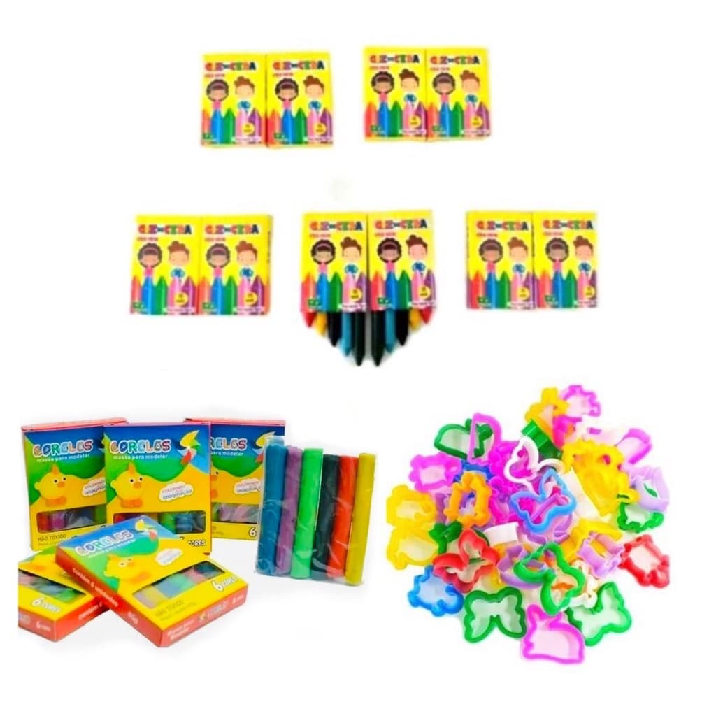 Kit 10 Cxs Mini Giz De Cera 5 Cores + 10 Massinha Modelar 65g 6 cores + 20 Cortadores p/KIT FESTA