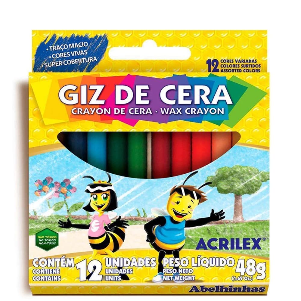 Giz de Cera 12 Unidades Acrilex Escolar 12 Cores Resisitente Grande
