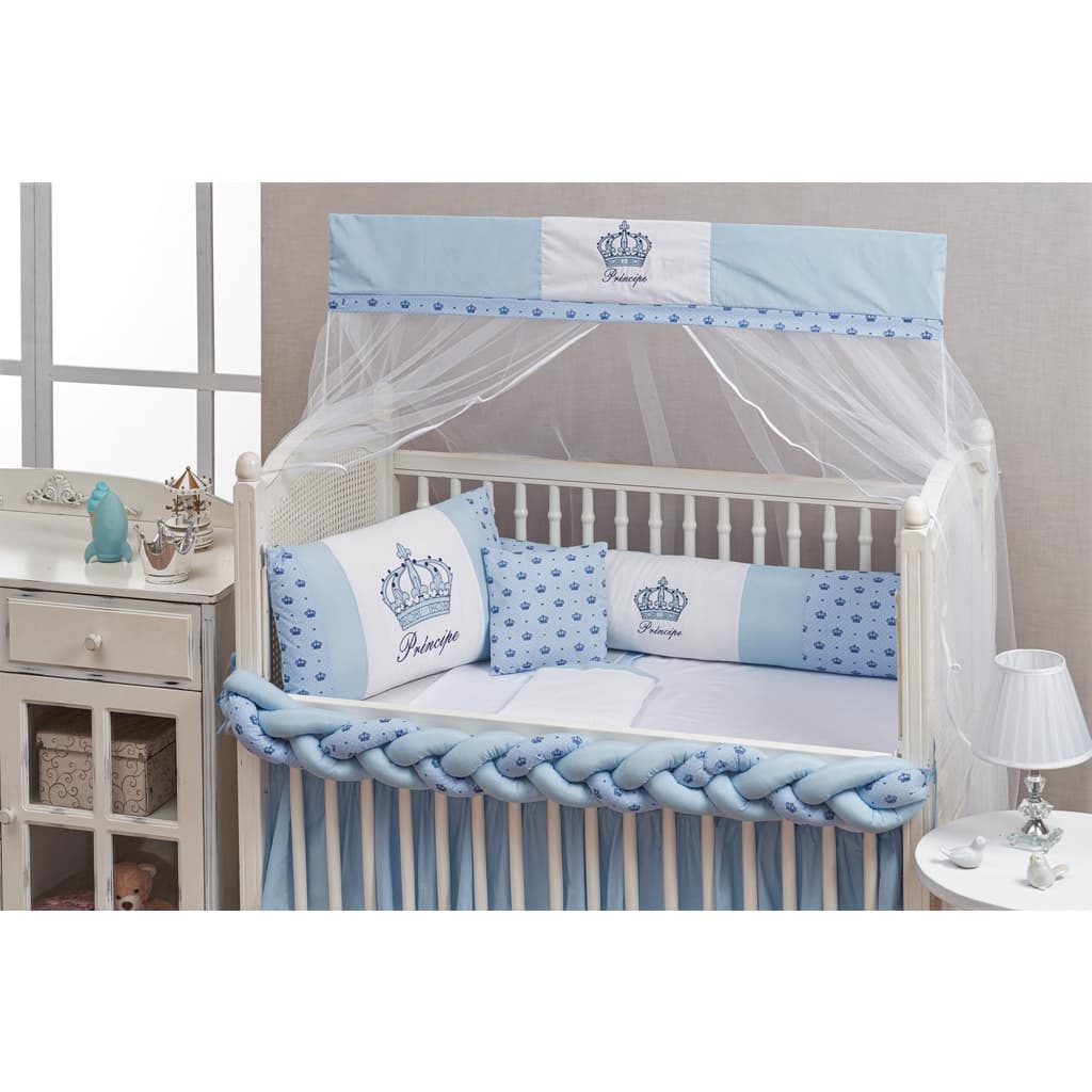 Protetor de Berço Americano Trança Bebê Príncipe Azul Bebê 9 Peças Menino Masculino + Saia