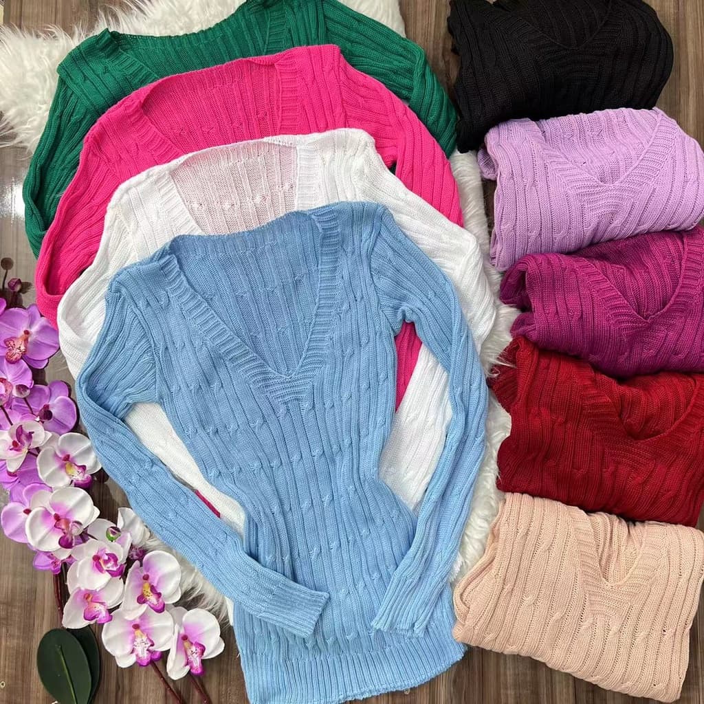 Blusa Básica Tricot Suéter Gola V Transa Feminina