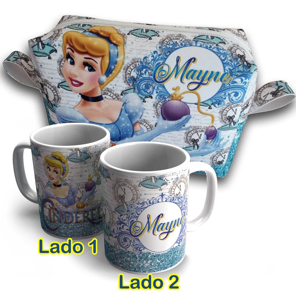 Bolsa Necessaire com Caneca Princesa Cinderela Personalizada com nome