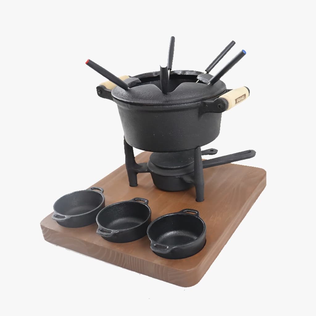 Aparelho Jogo Para Fondue Ferro Fundido Panela Rechaud com madeira