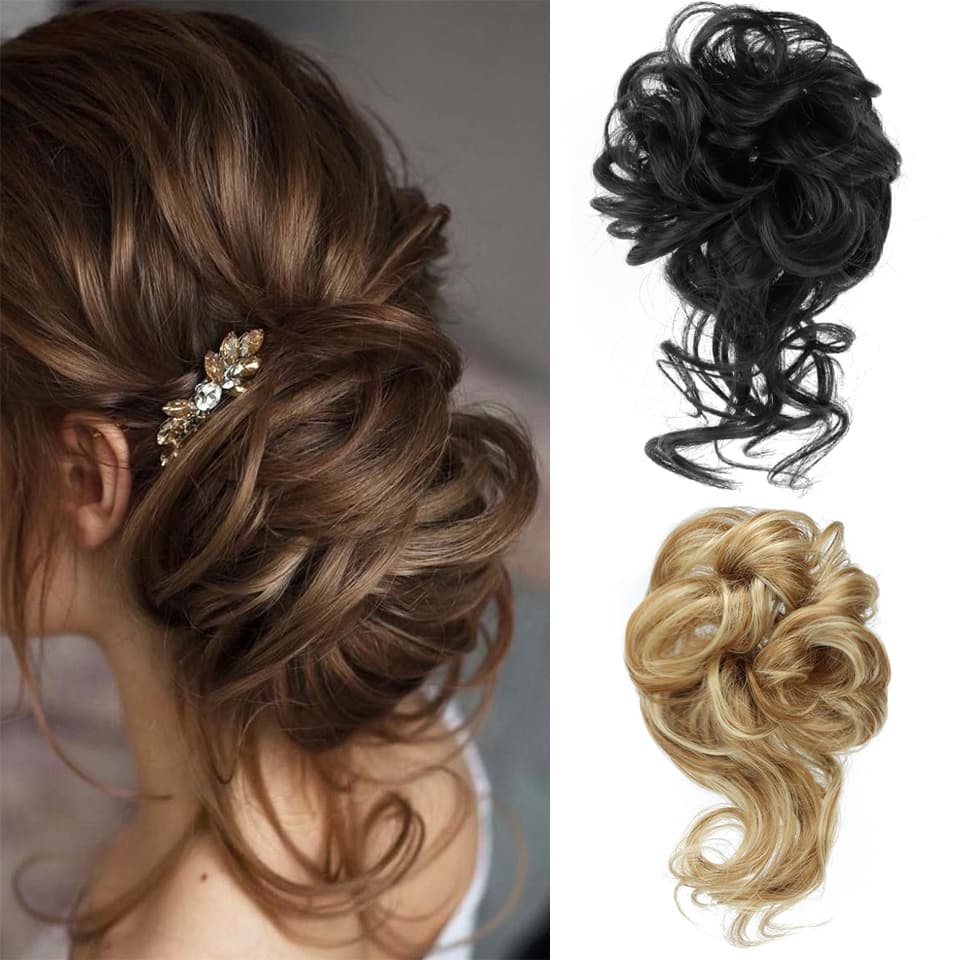 Loira Faixas De Cabelo Preto Messy Encaracolado Coque Chignon Scrunchies Falsas Pedaços Sintético Para As Mulheres Extensão Do
