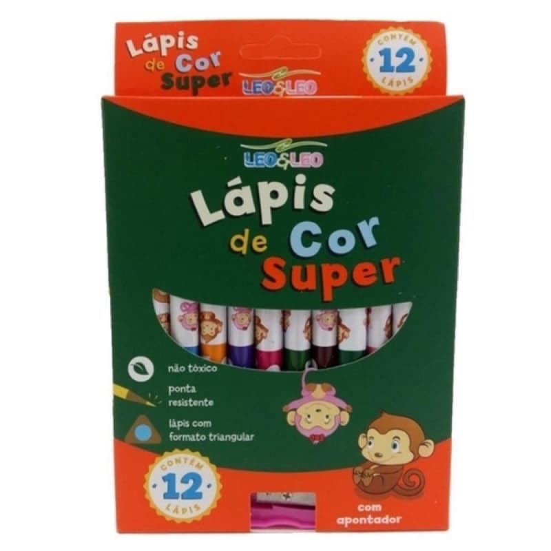 Lápis de Cor Triangular 12 Cores com Apontador Leo e Leo