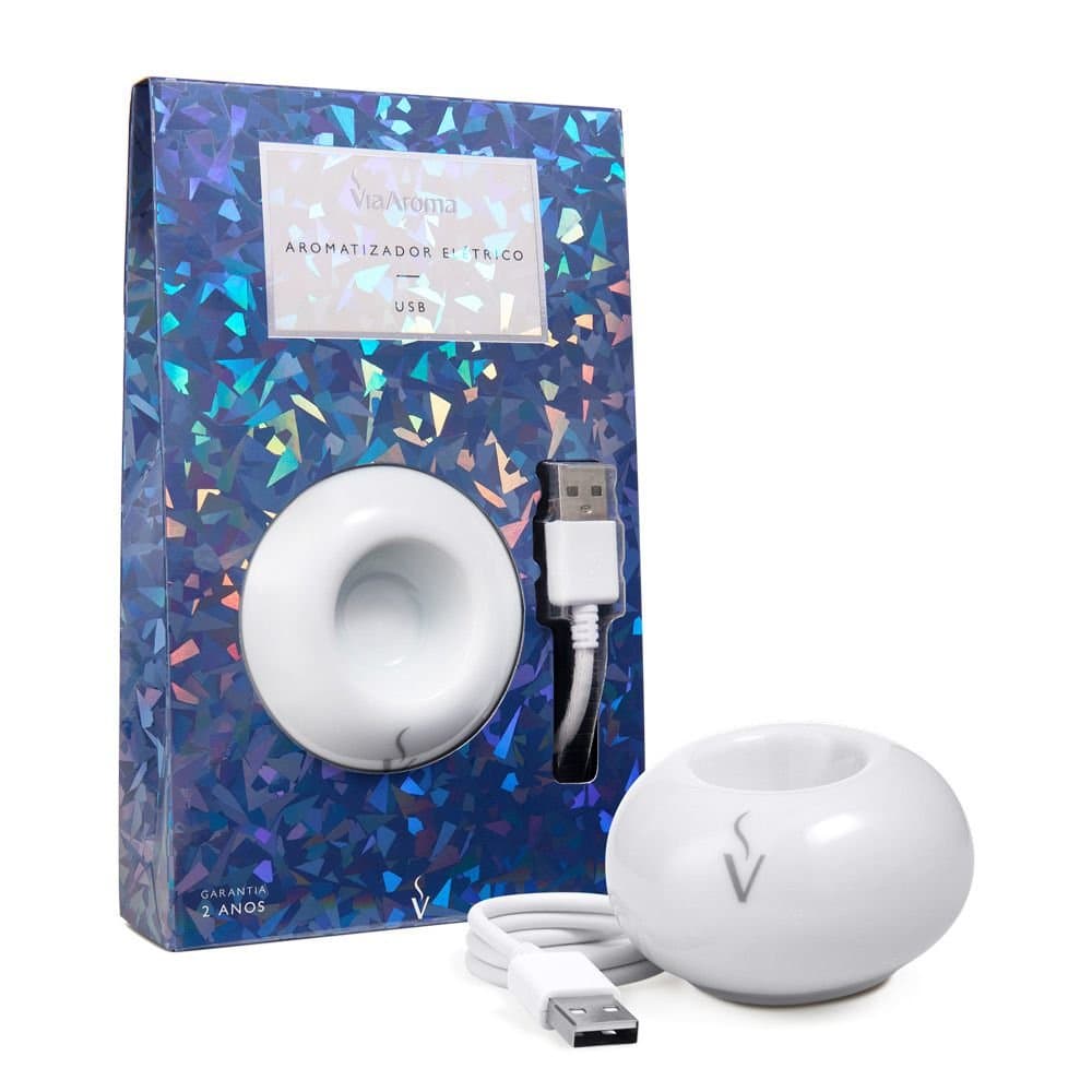 Aromatizador Via Aroma USB Difusor Elétrico em Porcelana - cabo 65cm - Branco