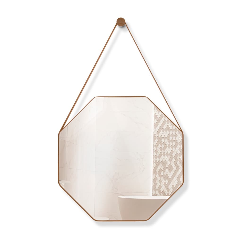 Espelho Decorativo 40cm e 60cm Lavabo Banheiro Quarto Sextavado Suspenso Alça Couro + Suporte