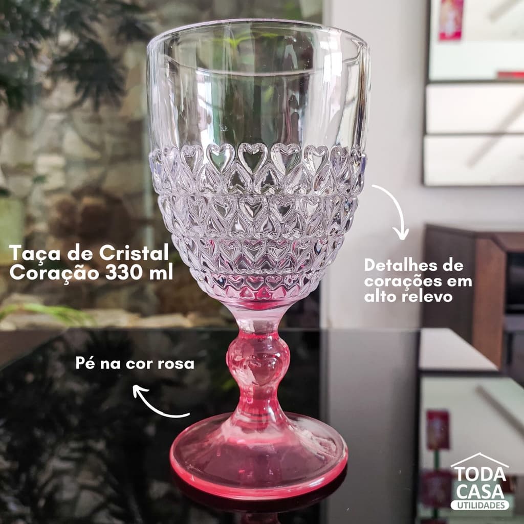 TACA P/AGUA DE CRISTAL DE CHUMBO CORACAO BORDA ROSA 330ml