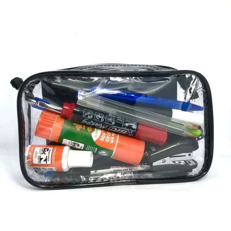 Necessaire / Estojo inteiro transparente e Preto  para faculdade/escola