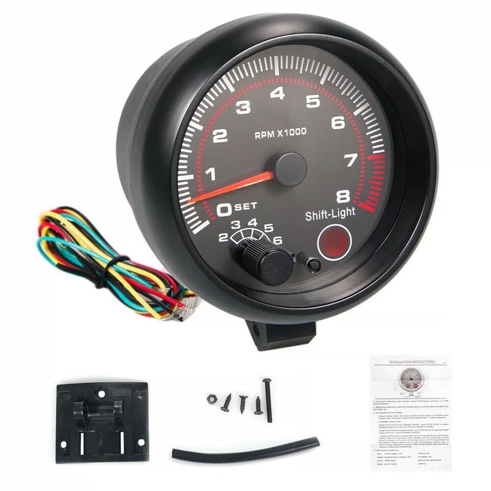 Novo 3.75 " 95mm Tachômetro RPM Medidor De Led Branco Com Deslocamento Interno Luz Preto Caso Apto Para 1-8 Cilindros