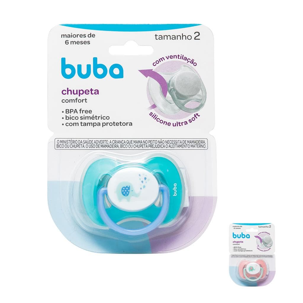Chupeta Comfort +6 meses Elefantinho Azul Rosa Bico Simetrico Com Tampa Fase 2 Buba
