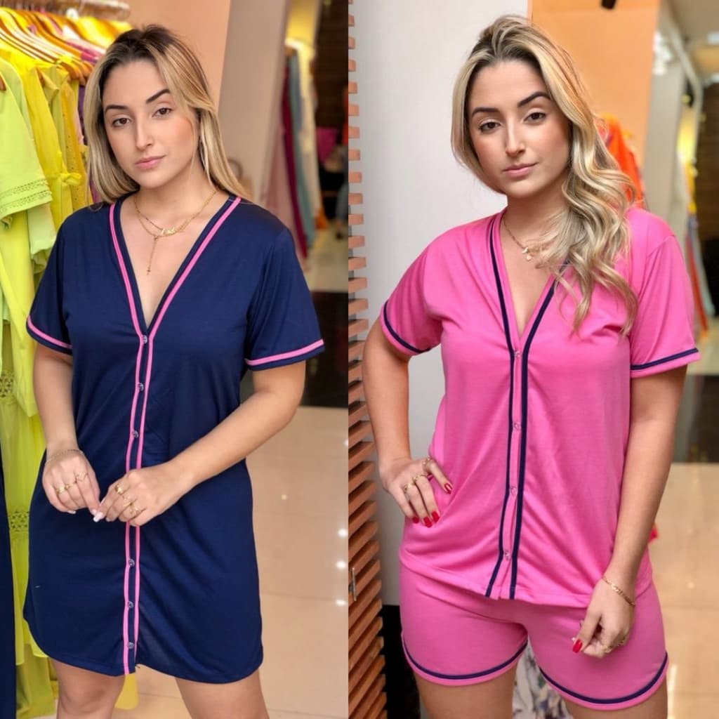 Kit Pijama Blogueira E Camisola Pijama Americano E Camisão Aberta Com Botões Amamentação Cirurgico