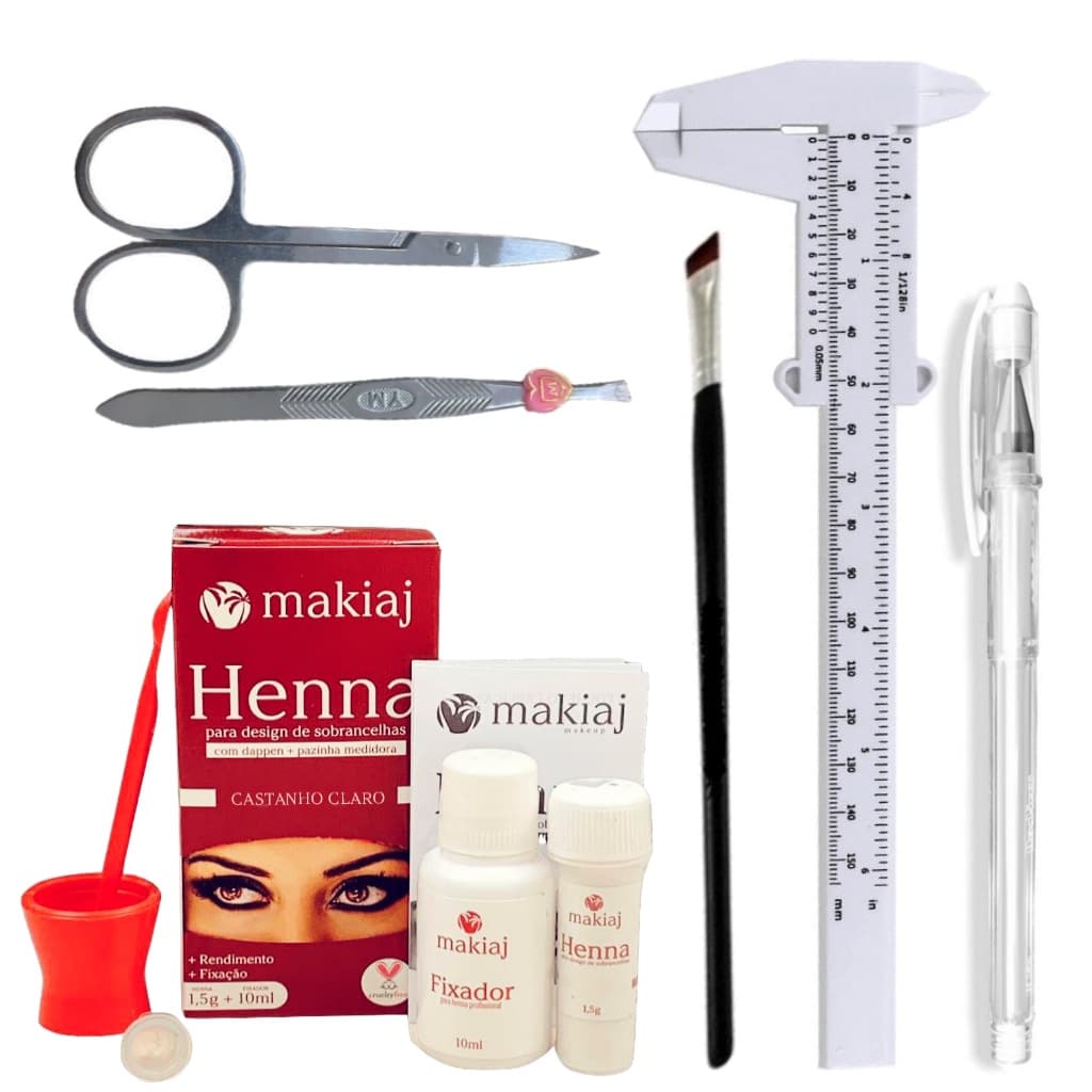 Henna Makiaj Com Kit Sobrancelha Paquimetro 15CM Caneta Gel Marcacao Branca Pincel Pinca e Tesoura
