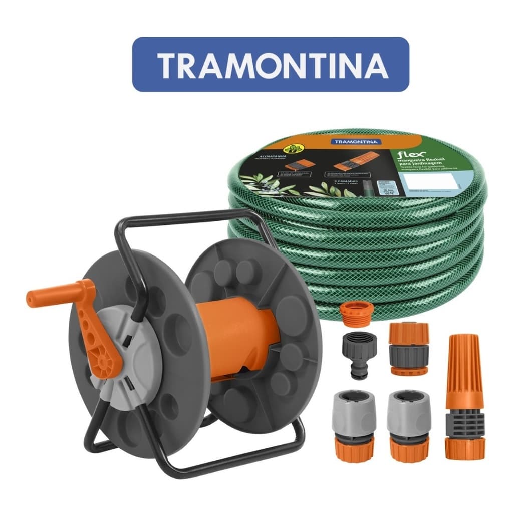 Mangueira Para Jardim 30m Flexível PVC + Suporte Enrolador De Mangueira 55m Tramontina
