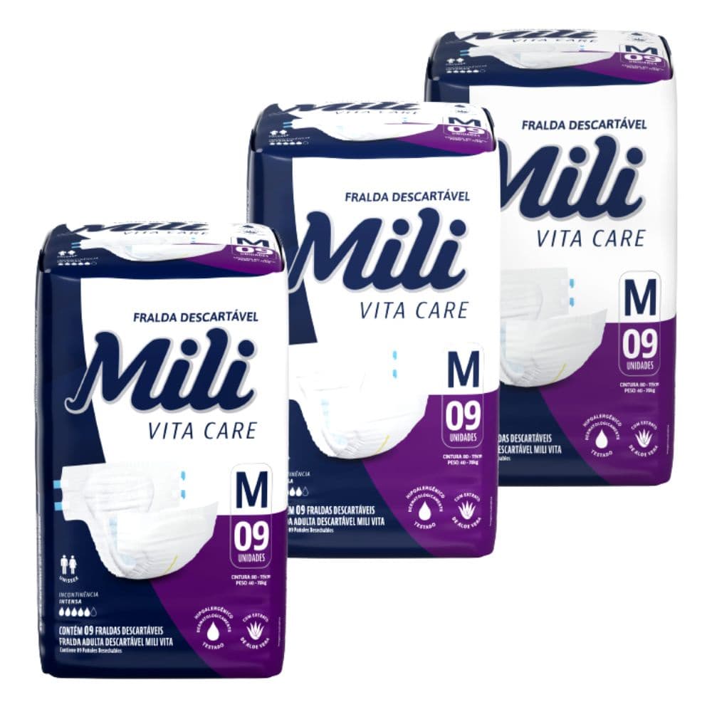 Fralda Geriátrica Mili Vita Tamanho M  3 Pacote com 9 fraldas c/ Super Gel Absorvente