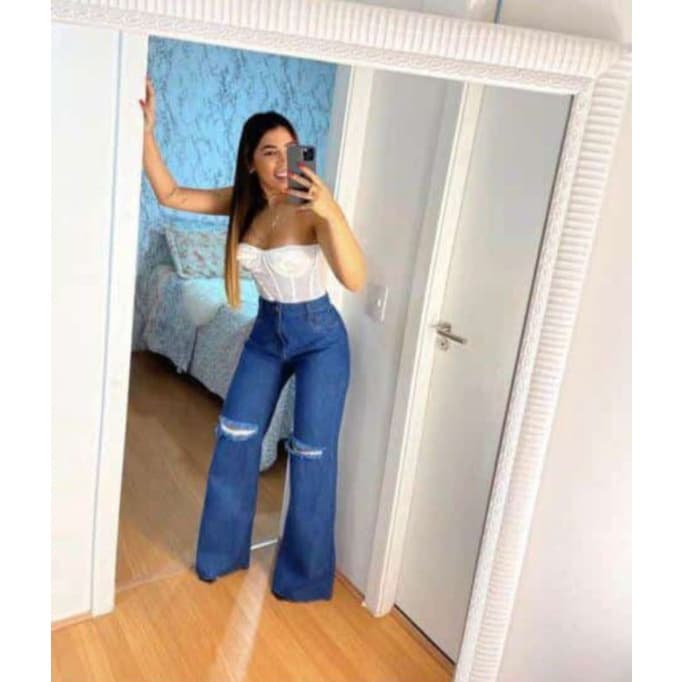 Wide leg delave escura cintura alta, rasgo joelho