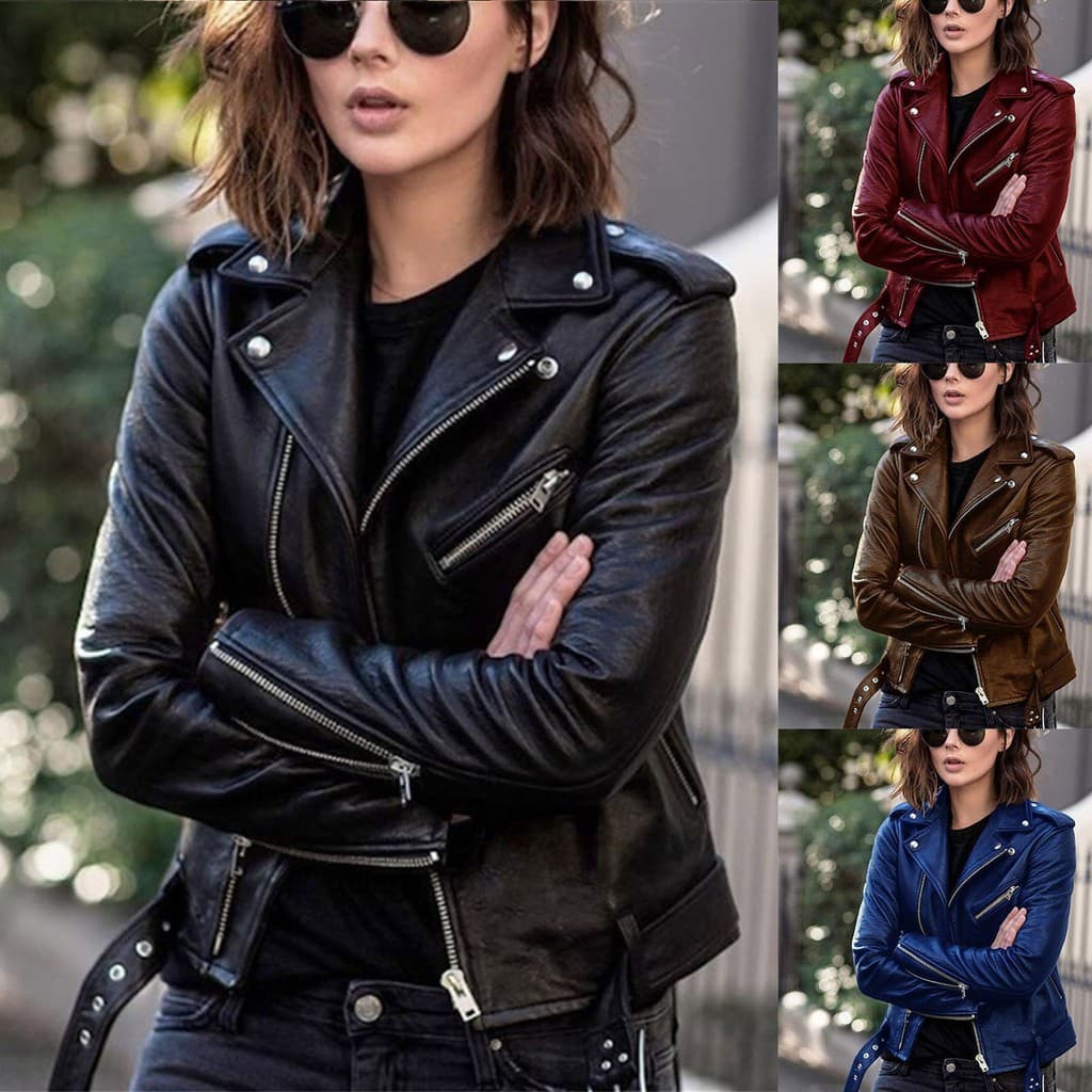 Jaqueta De Couro Sintético Feminina Slim Com Zíper/Moto