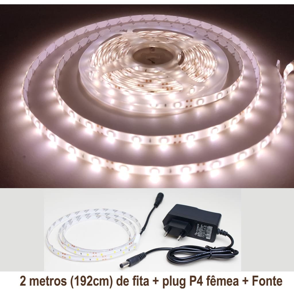 Fita LED Branco Quente 2 metros (192cm de fita) 3528 IP65 Siliconada 12V com Fonte