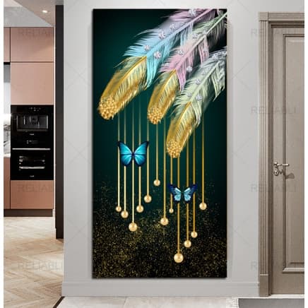 Quadro Decorativo 1 peça Arte Moderna Penas e Borboletas Dourado Decoração