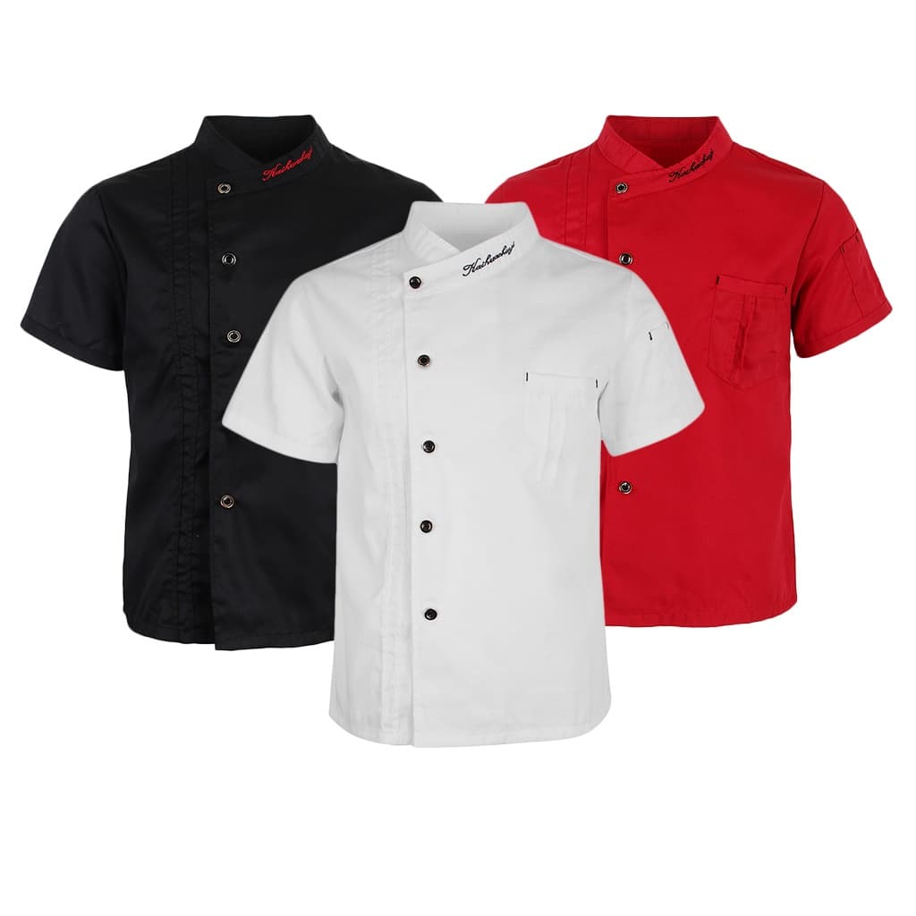 [Jaquetas De Chef Sólidas Brancas/Vermelhas , Mangas Curtas , Uniformes De Cozinha Para Mulheres E Homens