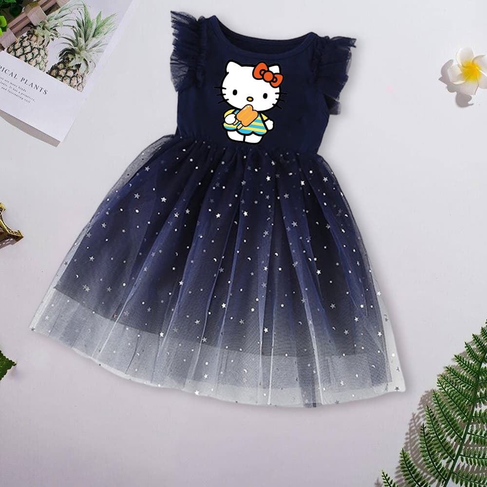 HelloKitty Print Tulle Vestido De Menina Azul