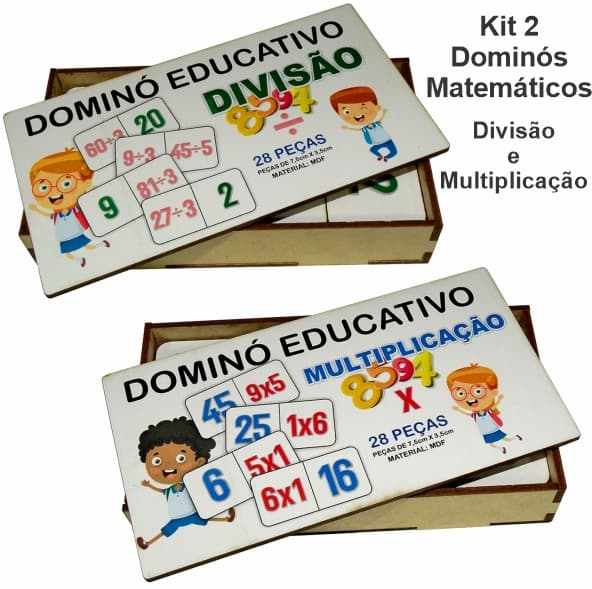Kit 02 Dominos Educativo Matematico Multiplicacao e Divisao