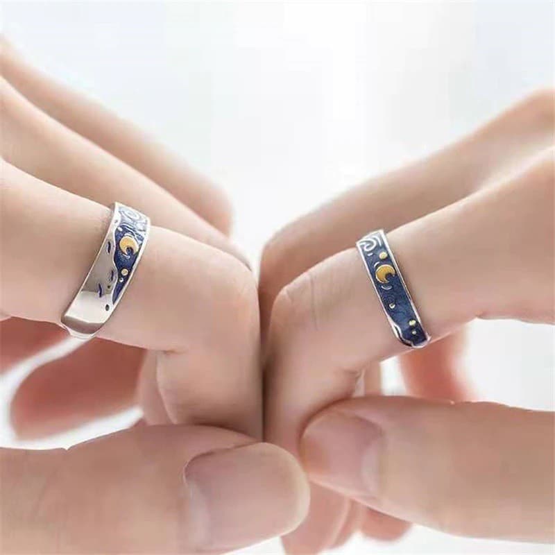 Par de Anéis :: Alianças :: VAN GOGH Original Com Pintura com Céu Estrelado :: Tratamento de Jóia