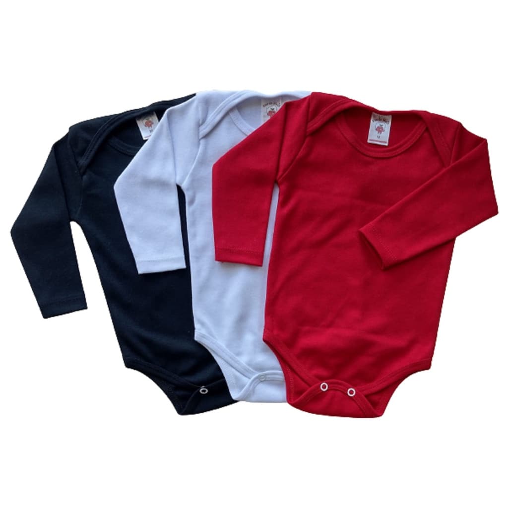 Kit C/ 3 Body Bebê - 100% Algodão - Vermelho/branco/preto - Manga Longa