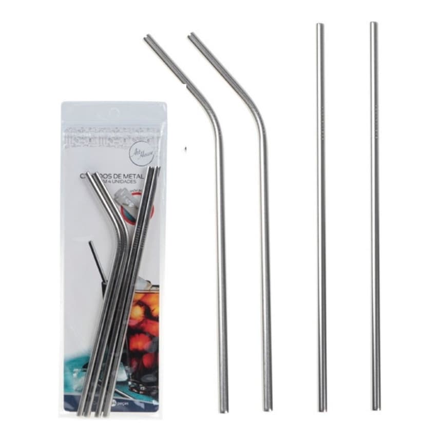 Canudos De Metal Aço Inox Reutilizável Kit Com 4 Unidades