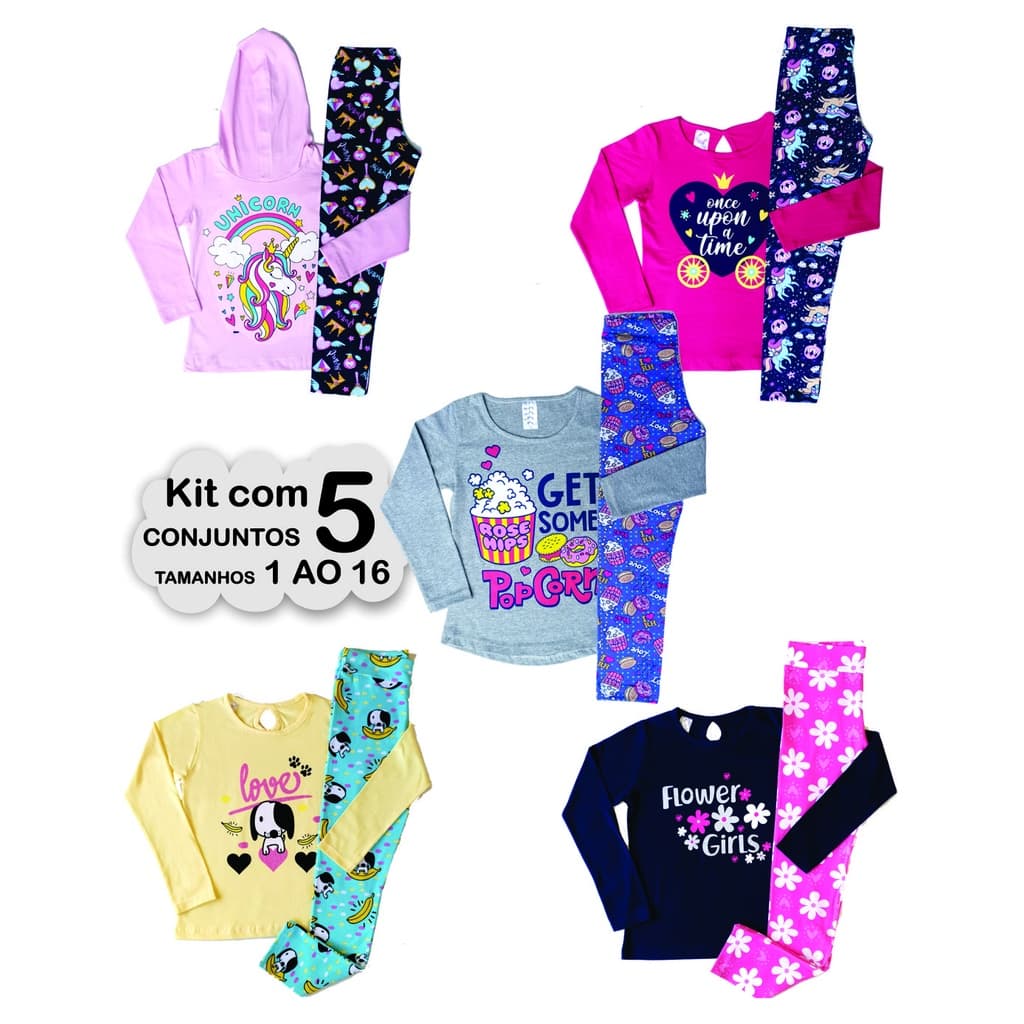 Kit 5  Conjunto Infantil e Juvenil Menina 1 ao 16 Cotom Roupa Criança Inverno