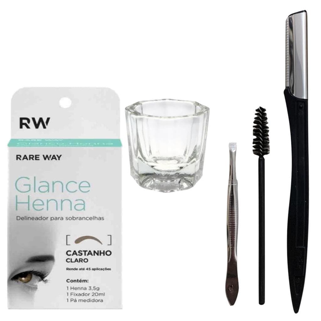 Henna Sobrancelha Profissional Glance + kit para Sobrancelhas Escovinha pinca reta e navalha Dappen