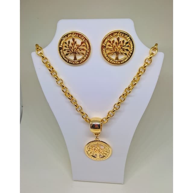 Kit Conjunto Colar e Brincos Arvore da Vida Corrente Elo Português Feminino Folheado Ouro 18k Gargantilha