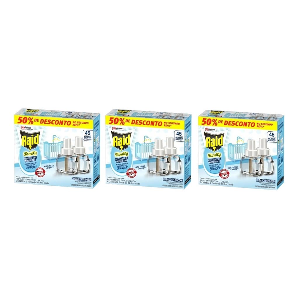 Kit 3 Cx 6 Refil Repelente de Mosquitos Raid Family 32,9ml